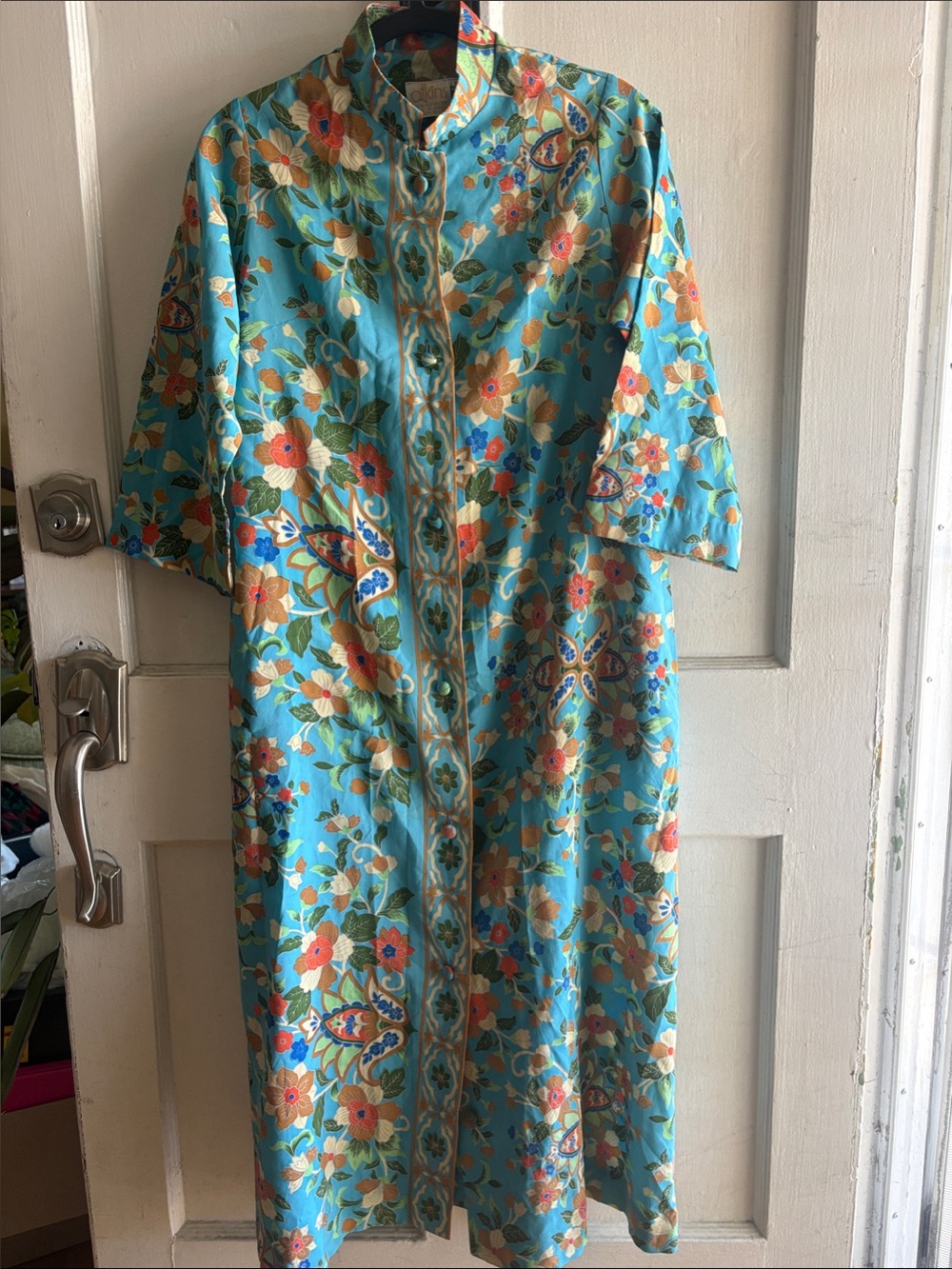 Vintage 60s 70s Atkins Floral Mandarin Collar Duster Housecoat Mod Blue Small